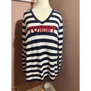 Tommy Hilfiger Logo Sweater Womens Size 1X White Blue Stripe